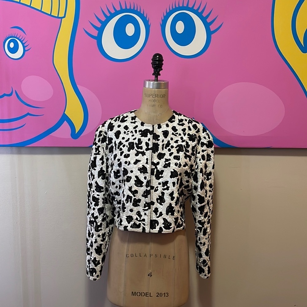 St. Martin Black White Animal Print Sequin Evening Jacket 1980s Vintage